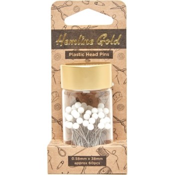 Špendlíky s bílými hlavičkami 60 ks ve skleněné dóze Hemline Gold, VO